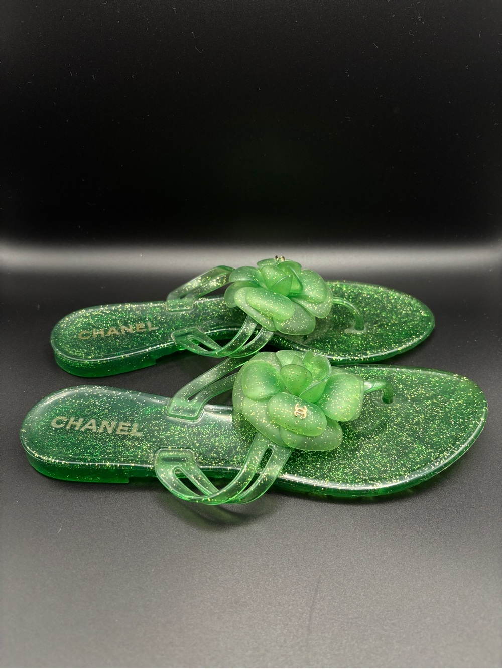 CHANEL Green Glitter Camellia Jelly Sandals